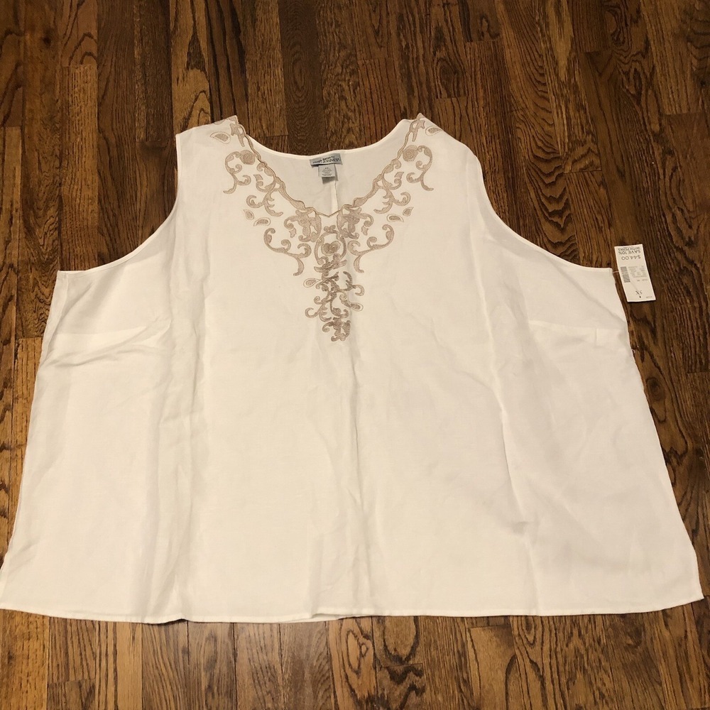 Maggie Barnes Catherines Tank Top Womens 5X White Linen Blend Embroidered Summer